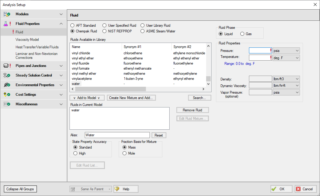 The Fluid panel in Analysis Setup with the Chempak Fluid database selected